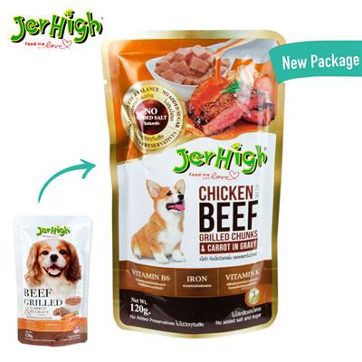 Jerhigh Pouch Chicken with Beef Grilled เจอร์ไฮ เพาช์ อาหารเปียก รสเนื้อไก่กับเนื้อวัวย่างชิ้นและแครอท ในน้ำเกรวี่ (120 กรัม)