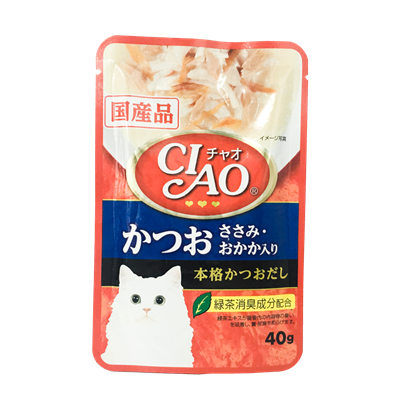 CIAO เชา อาหารเปียกสำหรับแมว แบบซุปข้น รสปลาทูน่าคัทสึโอะ และเนื้อสันในไก่หน้าปลาโอแห้ง (40g) (IC-204)