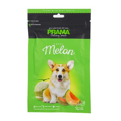 PRAMA Melon พราม่า สแน็ค  ขนมสุนัขผสมเนื้อผลไม้จริง รสเมลอน บำรุงขน+กระดูก+คอลลาเจน(70g)