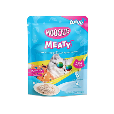 Moochie Meaty อาหารเปียกแมวเนื้อทูน่าแท้ สูตร ทูน่าและอกไก่ในเยลลี่ (70g)
