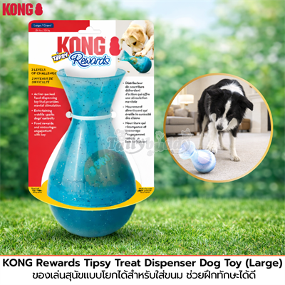 KONG Rewards Tipsy ของเล่นสุนัขแบบโยกได้สำหรับใส่ขนม เมื่อสุนัขกลิ้งเล่นขนมจะไหลออกมาเป็นรางวัล ช่วยฝึกทักษะได้ดี สีฟ้า (L)