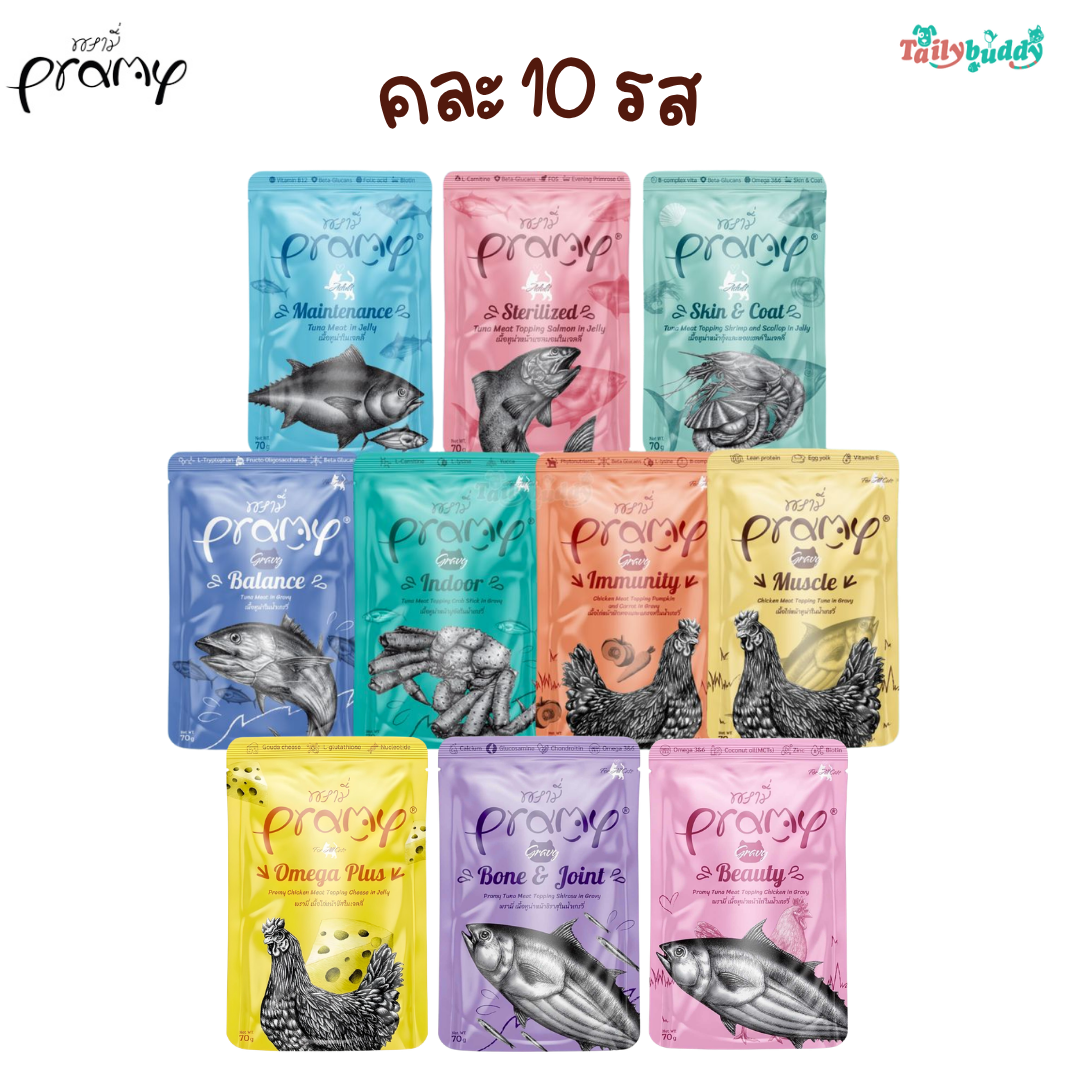 คละรส 10 ซอง PRAMY พรามี่ อาหารเปียกแมวโต แบบซอง บำรุงสุขภาพ ชิ้นใหญ่ เต็มคำ (70gx10 ซอง)