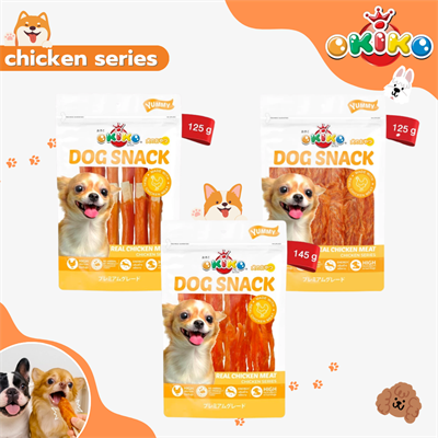OKIKO Dog Snack โอกิโกะ ขนมสุนัข เนื้อไก่แท้ เสริมพลังงาน  ไม่ใส่น้ำตาล อร่อยมาก (ไซส์กลาง 125g-145g)