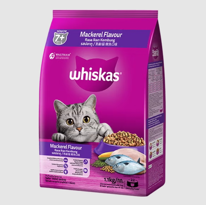 Whiskas Mackerel อาหารสำหรับแมวแก่ อายุเกิน 7 ปีขึ้นไป รสปลาทู (1.1kg)