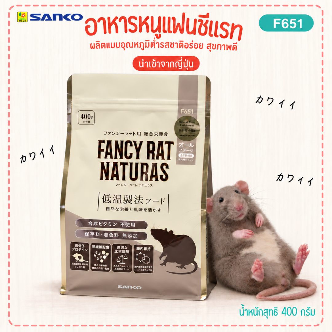 SANKO Fancy Rat Naturas อาหารหนูแรทพรีเมี่ยม สูตรทุกช่วงวัย ช่วยดูแลระบบย่อย ผลิตแบบอุณหภูมิต่ำรสชาติอร่อย (400g)
