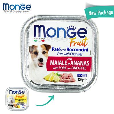 Monge brand dogfood-pate and chunkies with pork and pineapple