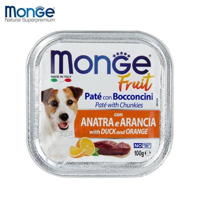 Monge brand dogfood-pate and chunkies with duck and orange