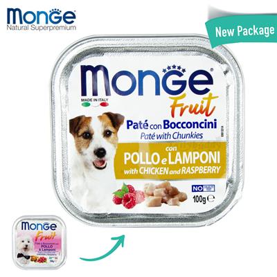 Monge brand dogfood-pate and chunkies with chicken and raspberry (100g)