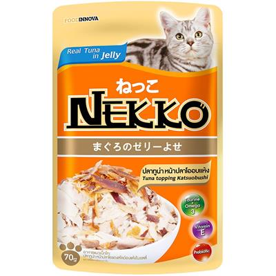 NEKKO CAT Tuna Topping Katsuobushi อาหารเปียกแมวเน็กโกะ สูตรปลาทูน่าหน้าปลาโออบแห้งในเยลลี่ (70g.)