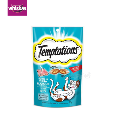 Whiskas Temptations Temping Tuna วิสกัส เทมเทซันส์ ขนมแมวสอดไส้ครีม กรอบนอก นุ่มใน รสเทมติ้งทูน่า (75g)
