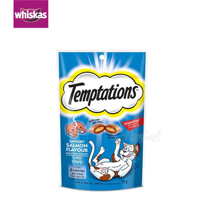 Whiskas Temptations Savoury Salmon วิสกัส เทมเทซันส์ ขนมแมวสอดไส้ครีม กรอบนอกนุ่มใน รสเชเวอรี่แซลมอน  (75g)