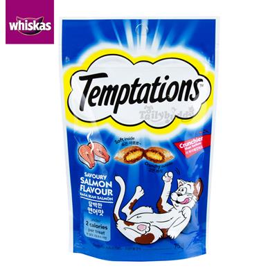 Whiskas Temptations Savoury Salmon วิสกัส เทมเทซันส์ ขนมแมวสอดไส้ครีม กรอบนอกนุ่มใน รสเชเวอรี่แซลมอน  (75g.)