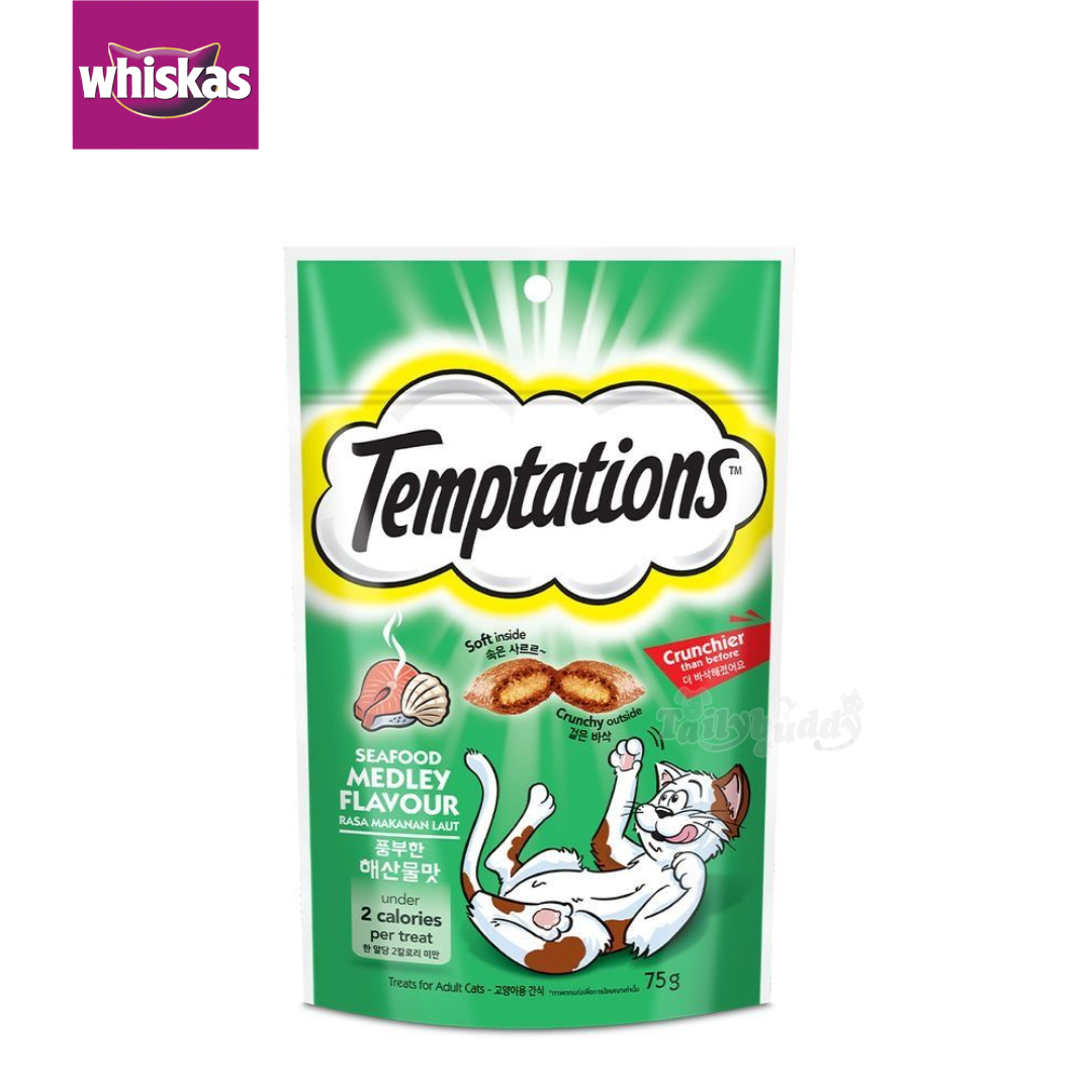 Whiskas Temptations Seafood Medley วิสกัส เทมเทซันส์ ขนมแมว รสซีฟู้ดเมดเล่ย์ (75g)