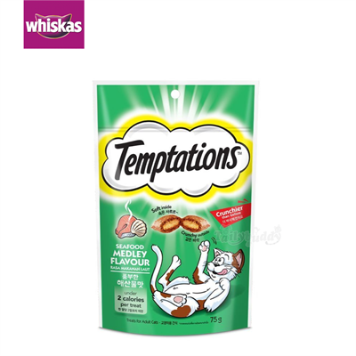 Whiskas Temptations Cat treats, Seafood Medley flavor Crunchy outside and soft centre (75g)