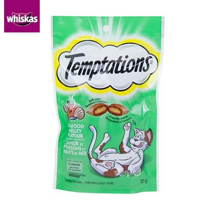 Whiskas Temptations Cat treats, Seafood Medley flavor Crunchy outside and soft centre (75g)