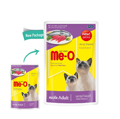 MeO มีโอ  อาหารแมวชนิดเปียก สูตรปลาทูน่าในน้ำเยลลี่ สำหรับแมวทุกสายพันธุ์ อายุตั้งแต่หย่านมขึ้นไป (80g)