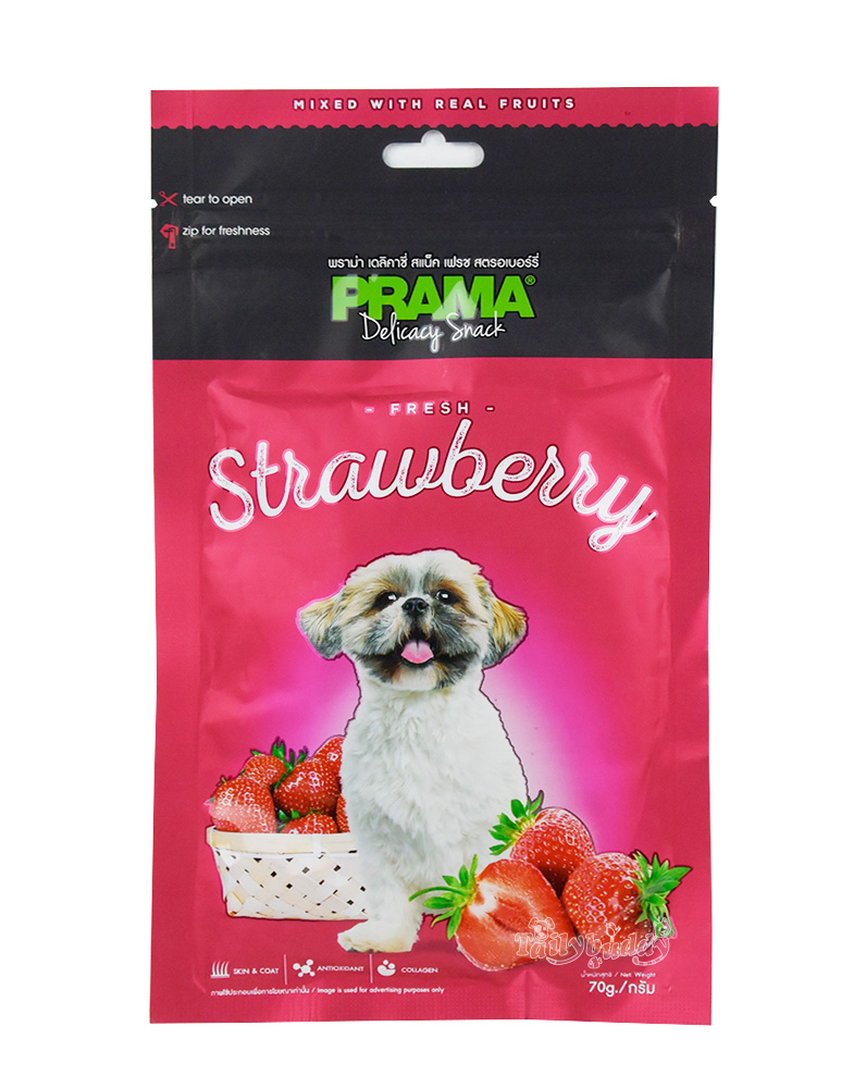 PRAMA Strawberry พราม่า สแน็ค ขนมสุนัขผสมเนื้อผลไม้จริง รสสตรอเบอรี่ บำรุงขน+ต้านอนุมูลอิสระ+คอลลาเจน(70g)