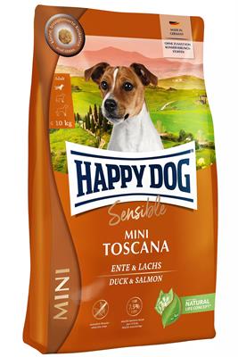 Happy Dog Mini Toscana อาหารสุนัขโต พันธุ์เล็ก(เม็ดเล็ก) สูตรเป็ด สำหรับแพ้ง่าย/ทำหมัน