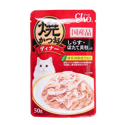 CIAO เพ้าช์ - ปลาทูน่าย่างชิ้นย่อยในเยลลี่ รสปลาข้าวสารและหอยเชลล์ (50g) (IC-233)