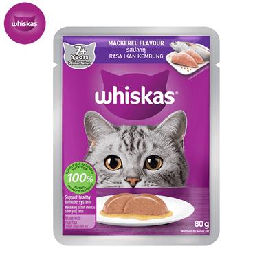 Whiskas Pouch Mackerel อาหารแมวเปียกวิสกัส แบบเพาช์ ปลาทู แมวสูงวัย สำหรับแมวแก่ อายุเกิน 7 ปีขึ้นไป (80g)