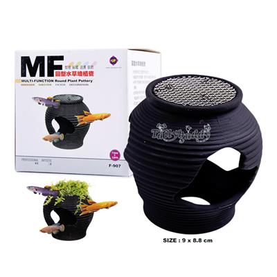 MF Round Plant Pottery โอ่งดินเผา ตกแต่งตู้ ปลูกไม้น้ำได้ เป็นที่หลบซ่อนของปลา (สีดำ)