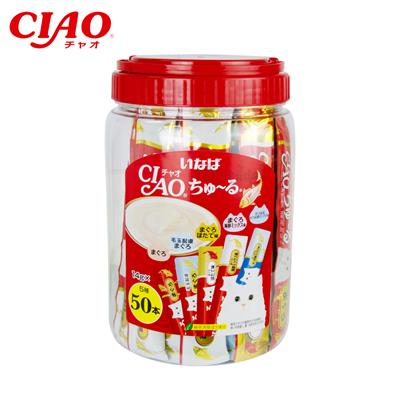 CIAO ชูหรุ กระปุกแดง ขนมครีมแมวเลีย รวมรสปลา  (14g x50ชิ้น) (TSC-11T)