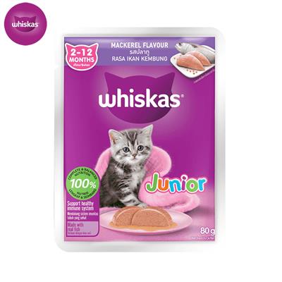 Whiskas Pouch Junior Mackerel วิสกัส เพาซ์ อาหารแมวแบบเปียก สูตรลูกแมวรสปลาทู (80g)