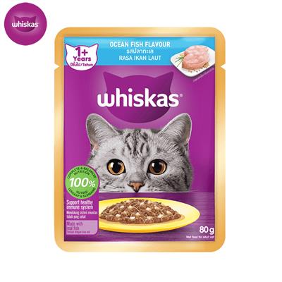 Whiskas Pouch Ocean Fish อาหารแมวเปียก วิสกัส แบบเพาช์ แมวโต 1+ ปี ปลาทะเล (80g.)