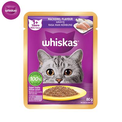 Whiskas Pouch Mackerel อาหารแมวเปียกวิสกัส แบบเพาช์ แมวโต 1+ ปี ปลาทู (80g.)