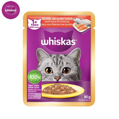 Whiskas Pouch Mackerel and Salmon อาหารแมวเปียกวิสกัส แบบเพาช์ แมวโต 1+ ปี ปลาทูและปลาแซลมอน (80g.)