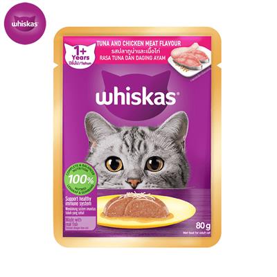 Whiskas Pouch Tuna with Meat Chicken อาหารแมวเปียกวิสกัส แบบเพาช์ แมวโต 1+ ปี ปลาทูน่าและเนื้อไก่ (80g)
