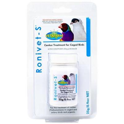 Vetafarm Ronivet-S, For the treatment of Trichomoniasis, Hexamitiasis and Giardiasis in caged and aviary birds. (25g)