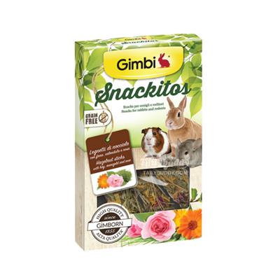 Gimbi Snack Hazelnut Sticks with hay, marigold and rose ขนมสติ๊กแท่งไม้ฮาเซล พันหญ้า ดาวเรือง และกลีบกุหลาบ (45g)