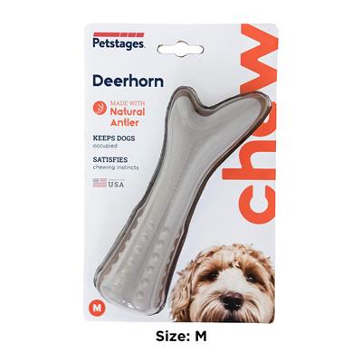 Petstages Deerhorn –  Tough Dog Chew Toy, Made with Natural Anthler, safer & less messy than real sticks (Size: S, M)