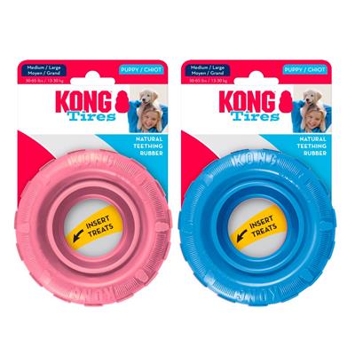 KONG Puppy Tires - exclusive puppy rubber formula specifically designed to ease teething gums, able to fill inside wall with snacks (S, M/L)