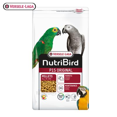 NutriBird P15 ORIGINAL อาหารเม็ดสีธรรมชาติ สำหรับนกแก้ว สารอาหารครบ เสริมไอโอดิีน ลดปัญหาเลือกกิน ,Versele-Laga (1kg)