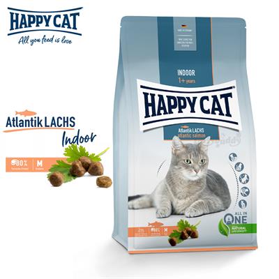 Happy cat Atlantic Salmon Indoor for adult cats helps to minimise hairballs (300g, 1.3kg, 4kg)