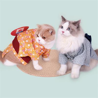 PURLAB Cat Kimono - Cat japanese dress with 2 colors, blue and orange flower, made with cotton light