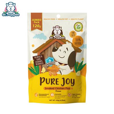 PURE Joy Smoked Chicken Plus+ เพียวจอย ขนมสุนัขเพื่อสุขภาพ สูตรไก่รมควันพลัส+ขมิ้นชัน เสริมภูมิต้านทานโรค หอม อร่อย ช่วยบำรุงข้อกระดูก ไขมันต่ำ (120g) by dr.Puppee