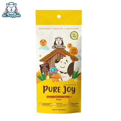 (BBF:23/6/2024) PURE Joy Smoked Chicken Plus+ เพียวจอย ขนมสุนัขเพื่อสุขภาพ สูตรไก่รมควันพลัส+ขมิ้นชัน เสริมภูมิต้านทานโรค หอม อร่อย ช่วยบำรุงข้อกระดูก ไขมันต่ำ (70g) by dr.Puppee