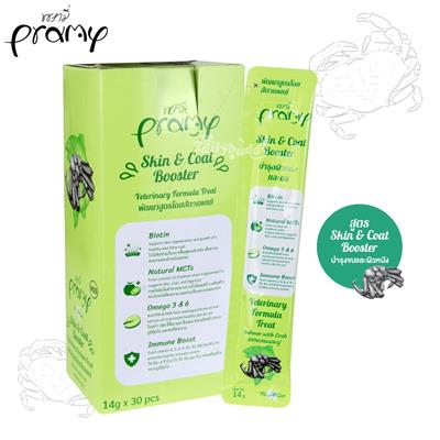 Pramy พรามี่ ขนมวิตามินแมวเลีย แซลมอนและปู สูตรบำรุงขนและผิวหนัง Skin & Coat Booster ( สีเขียว ) (V03) (14g)