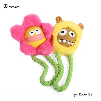 Q-monster Rope Ball - squeaky ball with rope dog toys made from natural latex, coat with fabric and strong rope.