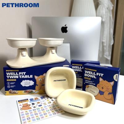 Pethroom Well Fit Twin Table โต๊ะอาหารแบบคู่ สีครีม (พร้อมชามสีครีม 2 ใบ) ชามอาหารสุนัข หรือแมว