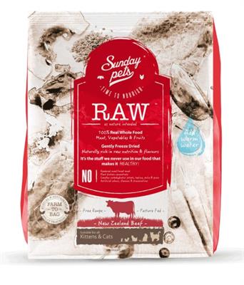 Sunday Pets Raw อาหารแมว สูตรเนื้อวัว สำหรับลูกแมวอายุไม่เกิน  12 เดือน ล๊อคความสดใหม่ คงคุณค่าสารอาหารเต็มๆ (454 g.)