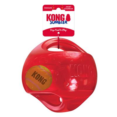 Kong Jumbler Ball - two-in-one ball toy for twice the interactive fun. The interior tennis ball and loud squeak entice play,